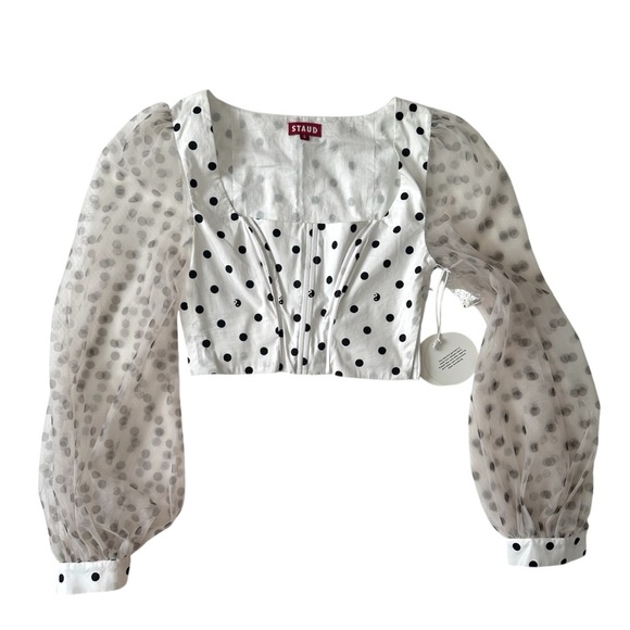 NWT💕 STAUD Rose Polka Dot Puff-Sleeve Organza Bustier Top Size 0 - Picture 3 of 7